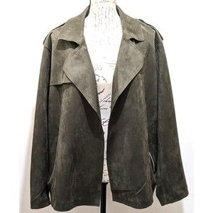 Philosophy Woman Open Front Suede Like Jacket  Faux Leather Olive Career